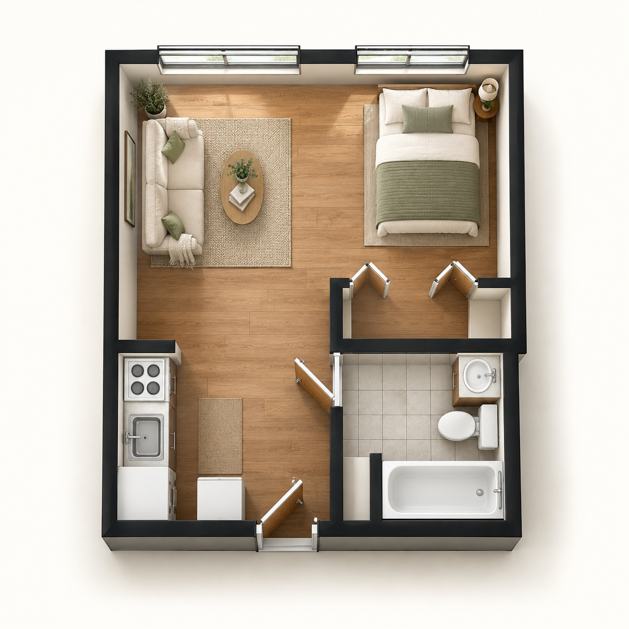 Illustrative furnished overhead layout for the studio