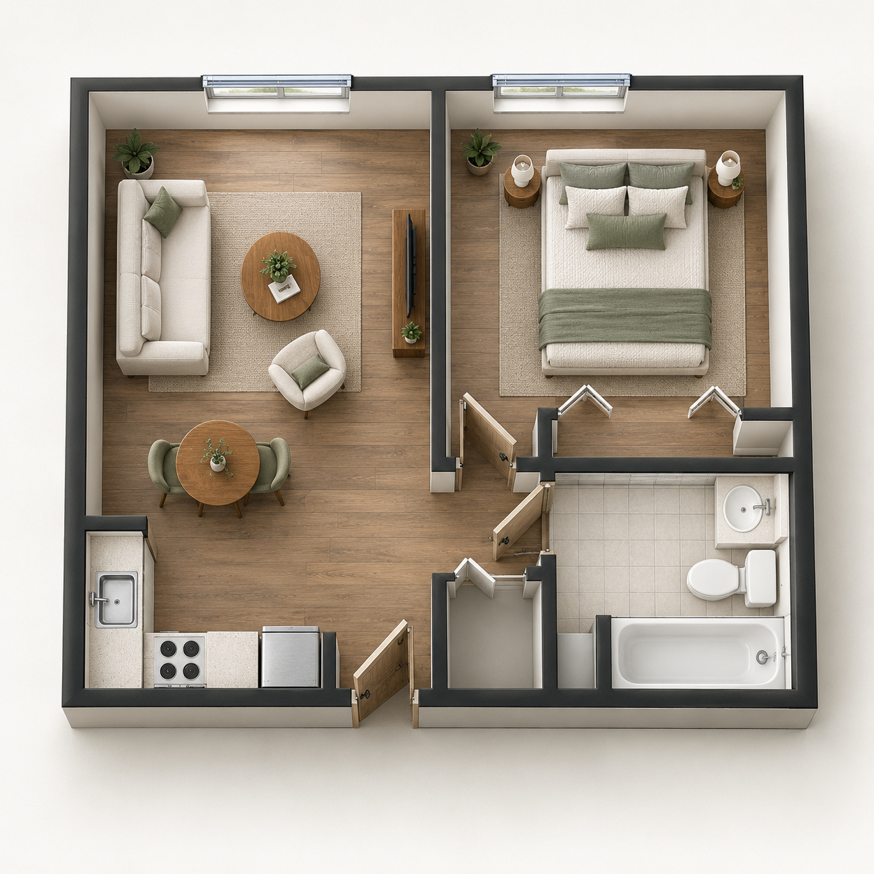 Illustrative furnished overhead layout for the one bedroom