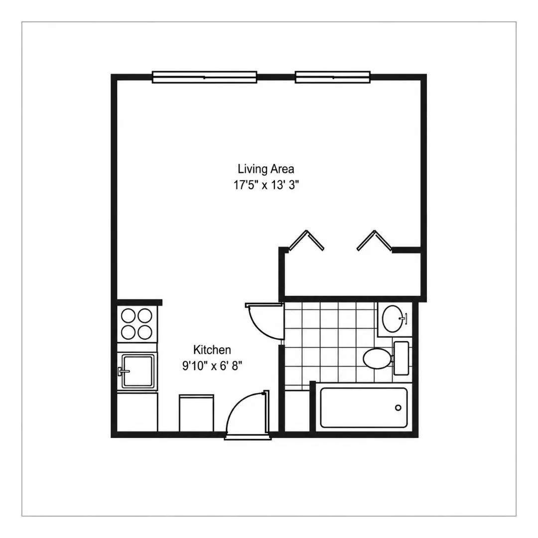 Studio floor plan with open living area, kitchen and bathroom