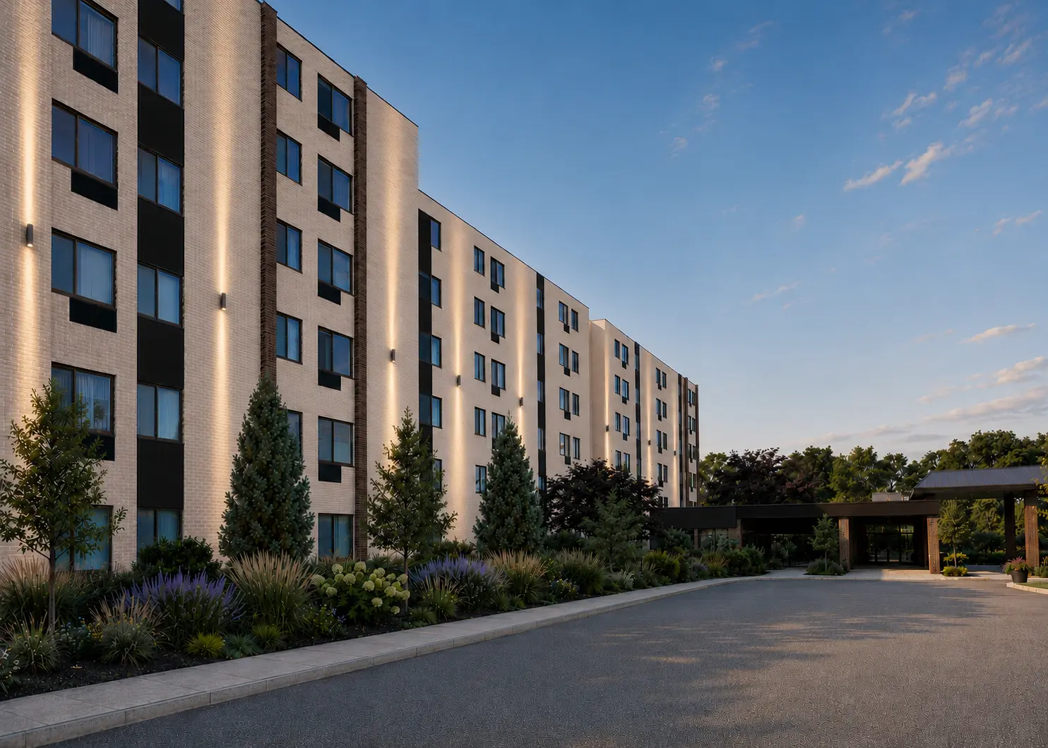 Artist rendering of The Current exterior and landscaped approach
