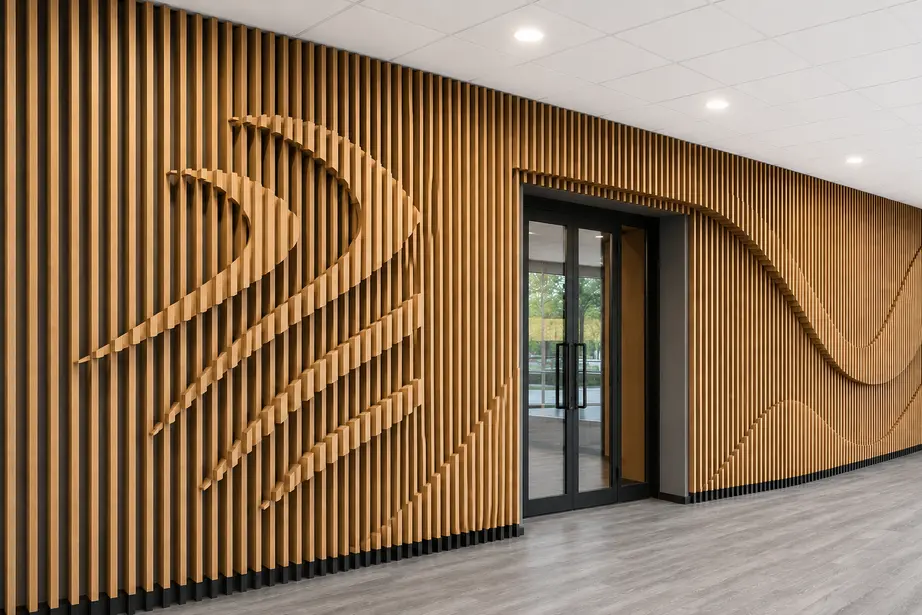 Artist rendering of the planned lobby with wood accents and The Current wave design