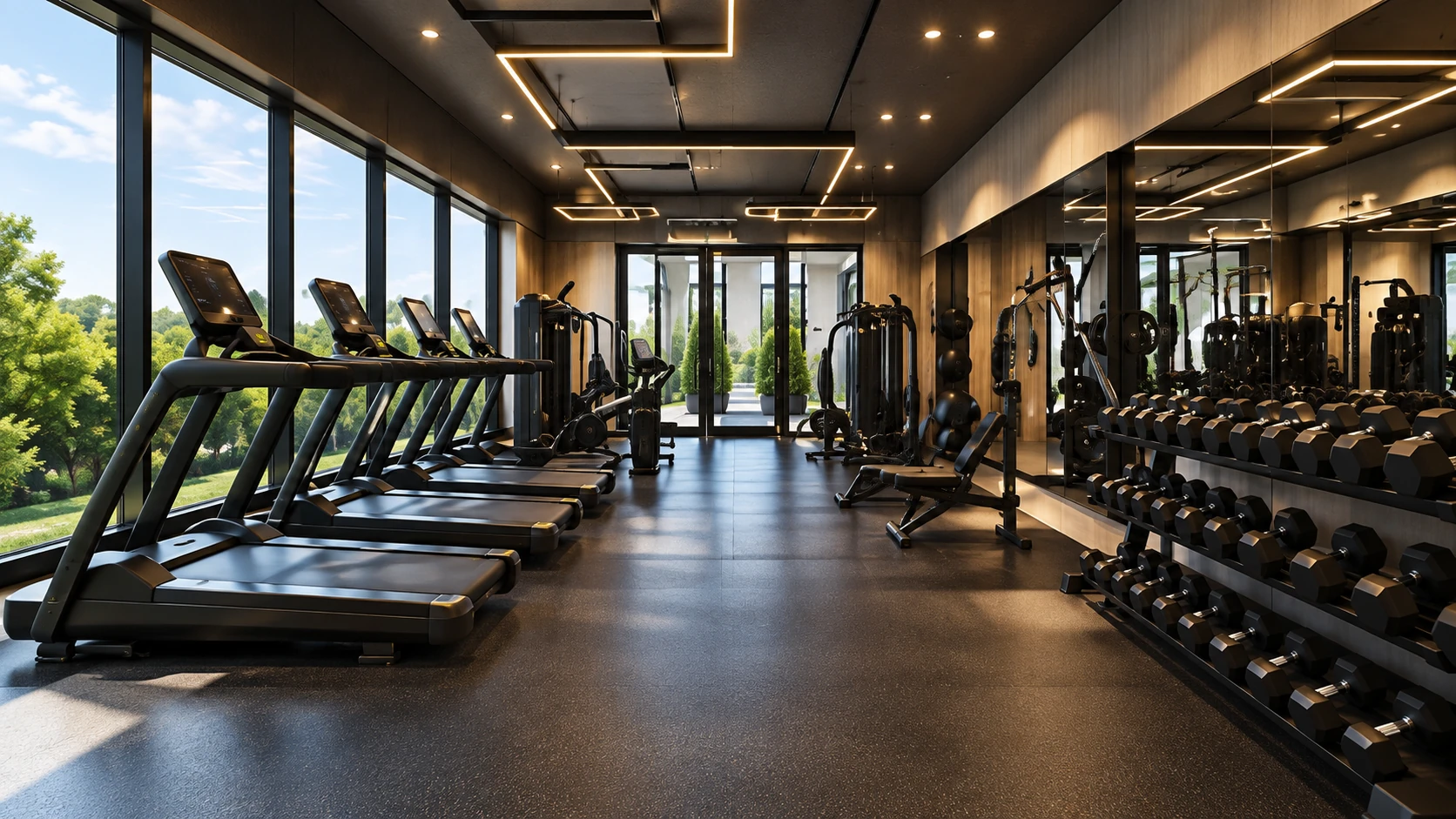Concept rendering of a fitness room with treadmills, weights, and full-height windows