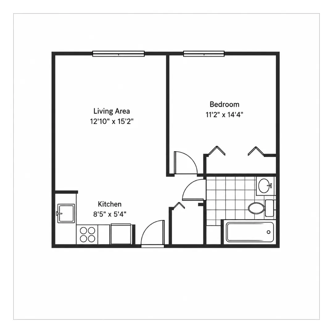 One-bedroom floor plan with a separate bedroom, living area, kitchen and bathroom