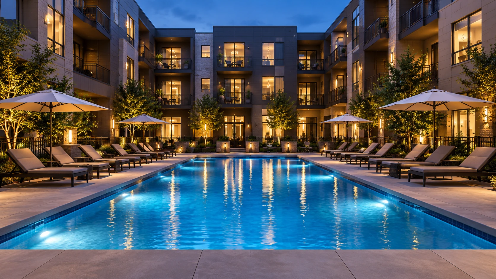 Concept rendering of a blue-lit courtyard pool with loungers and umbrellas at dusk