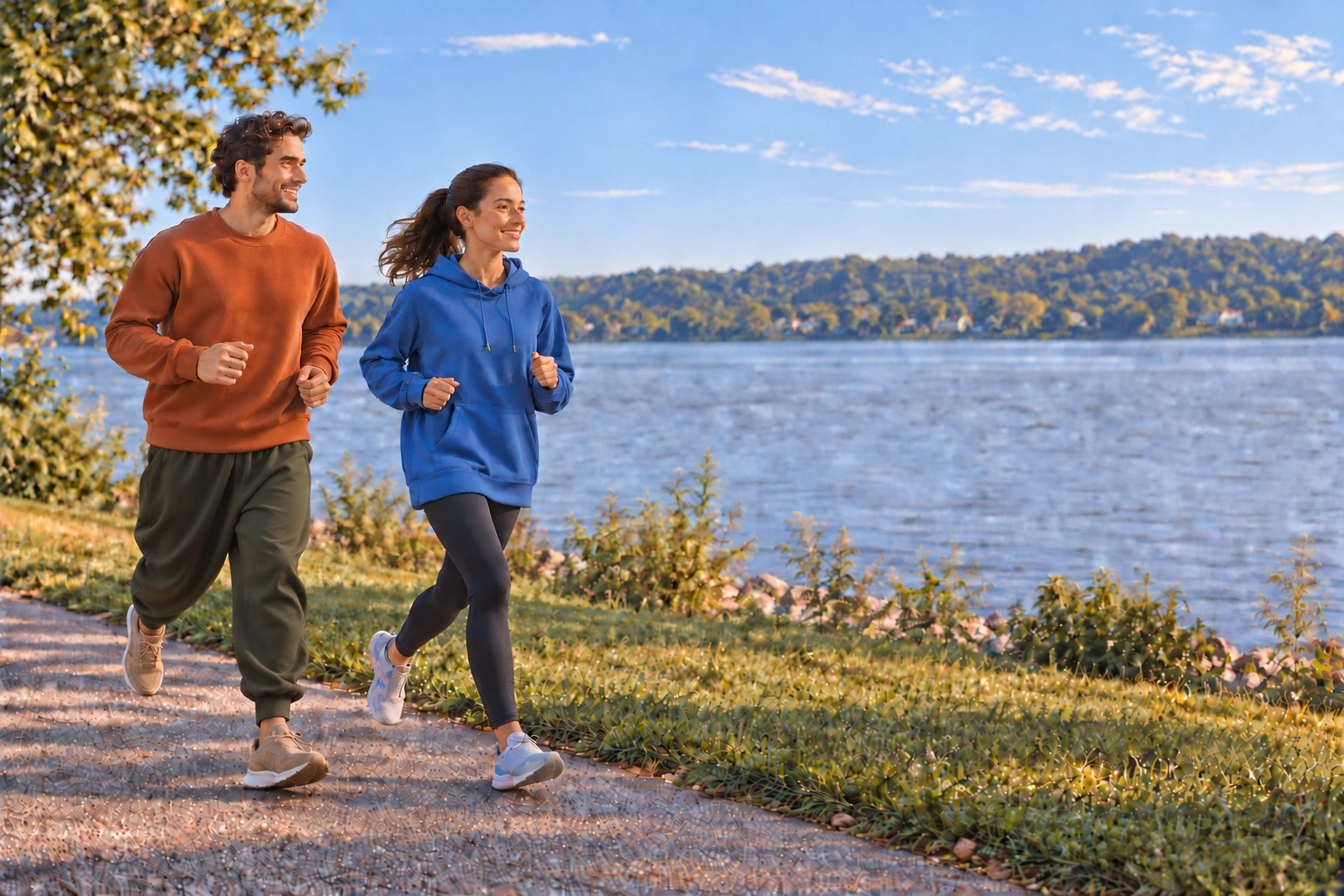 Illustrative scene of a woman jogging beside the Illinois River with a wooded shoreline in the distance