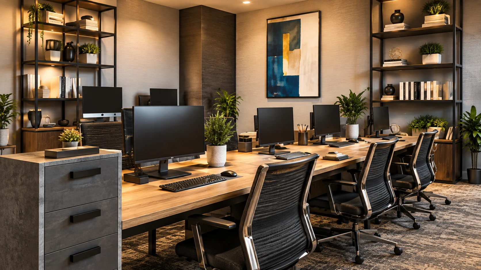 Concept rendering of shared workstations, desk chairs, and shelving in the business center