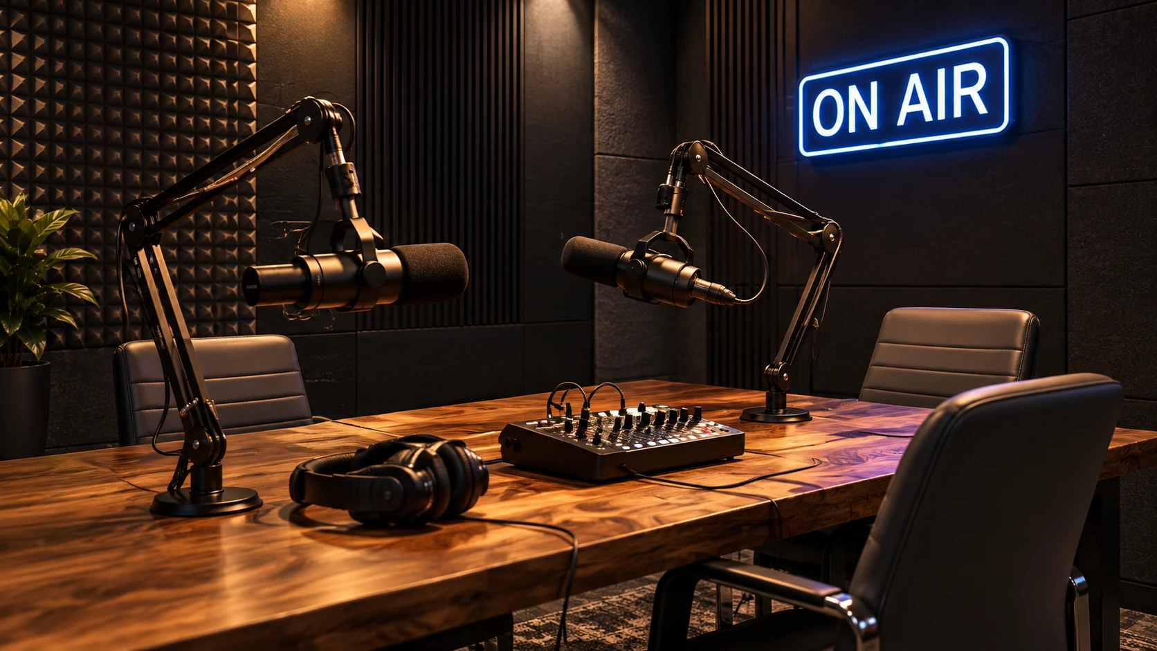 Concept rendering of a podcast studio with microphones, a mixing desk, and acoustic panels