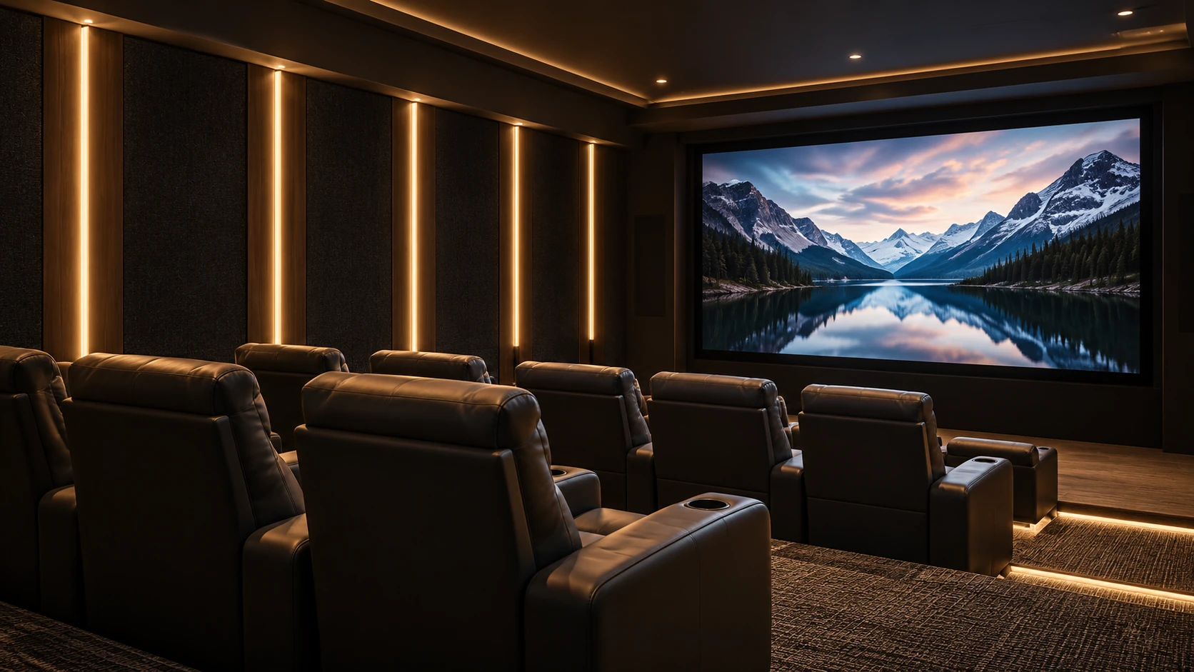 Concept rendering of a theatre room with reclining seats and a large screen