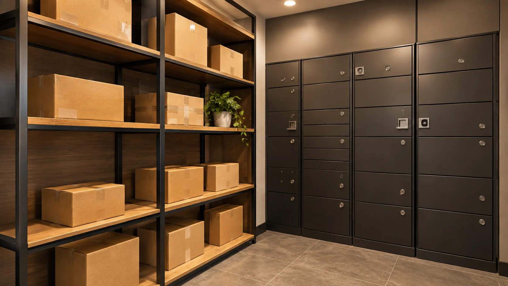 Concept rendering of a package room with parcel shelving and dark storage lockers