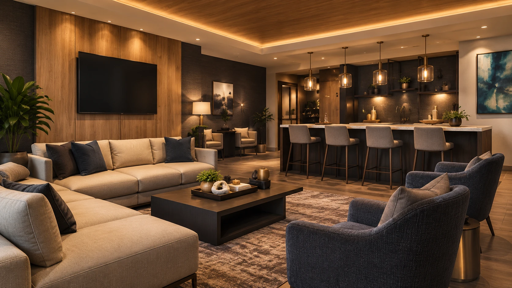 Concept rendering of an event lounge with a sectional sofa, bar seating, and pendant lighting