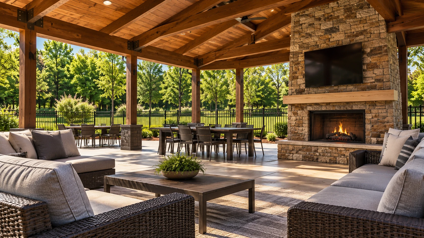 Concept rendering of a covered wooden pavilion with lounge seating and a stone fireplace