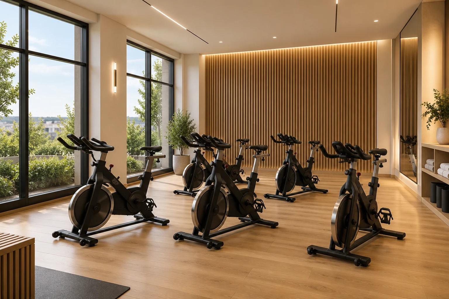 Illustrative image of an indoor cycling studio with stationary spin bikes